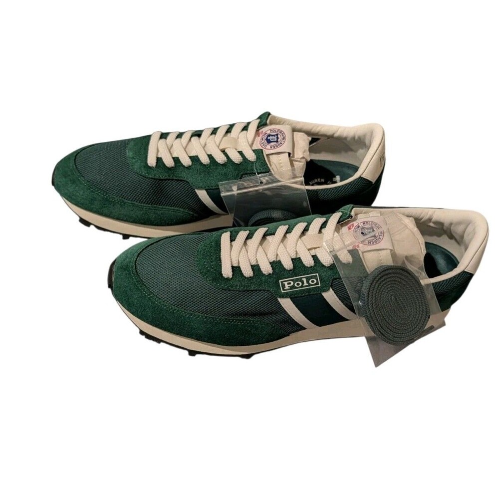 Polo Ralph Lauren PRL Trail 100 Suede & Mesh Sneaker Green White New With Box - Picture 2 of 10